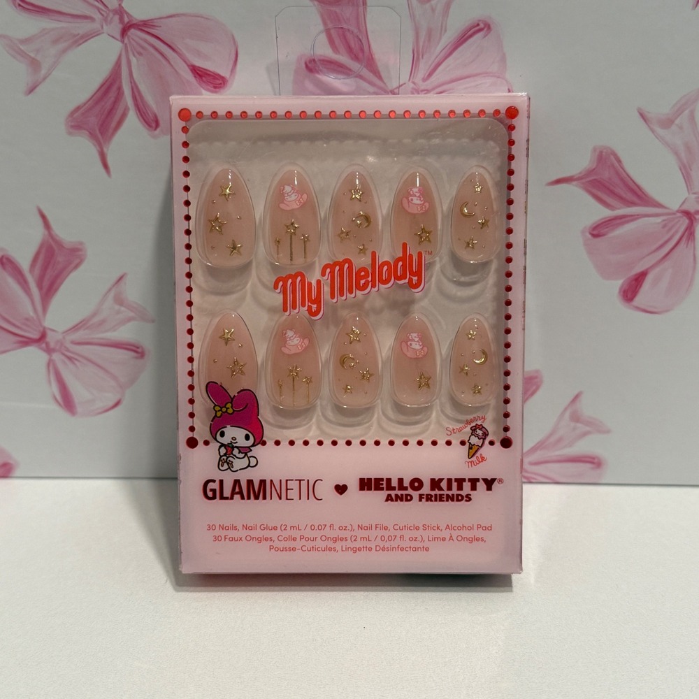 Glamnetic x Hello Kitty My Melody Press On Nails Almond Pink Gold Stars 30 Count